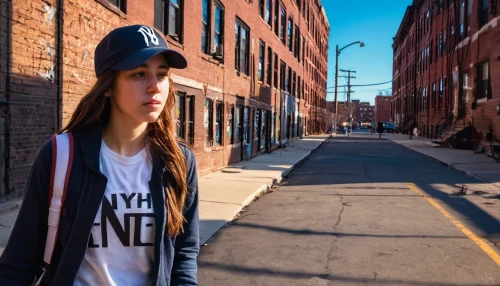 girl wearing hat,alleyway,hat womens,alley,girl walking away,girl in t-shirt,the hat-female,street fashion,hat womens filcowy,women's hat,brown cap,laneway,isolated t-shirt,city ​​portrait,city youth,apparel,old linden alley,girl in a long,street life,fashion street,Conceptual Art,Oil color,Oil Color 17