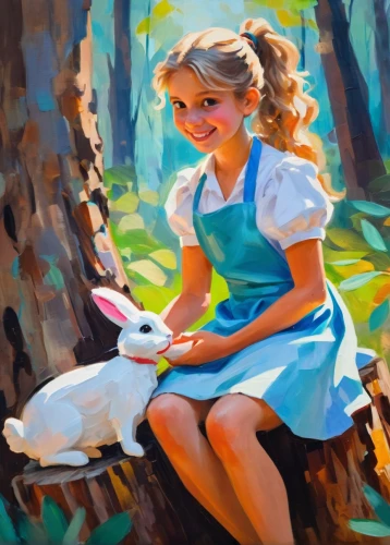 girl with dog,girl with bread-and-butter,girl with tree,painting easter egg,alice in wonderland,white rabbit,girl in the garden,oil painting,cottontail,rabbits,girl picking apples,painting technique,alice,white bunny,little girl in pink dress,painting eggs,the good shepherd,rabbits and hares,girl with a dolphin,shepherd,Conceptual Art,Oil color,Oil Color 20