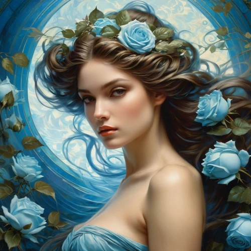 blue rose,blue moon rose,blue hydrangea,jasmine blue,blue petals,fantasy portrait,blue enchantress,porcelain rose,moonflower,blue flower,fantasy art,water rose,flora,scent of roses,mystical portrait of a girl,faery,blue rose near rail,water nymph,holly blue,the sleeping rose,Conceptual Art,Fantasy,Fantasy 05