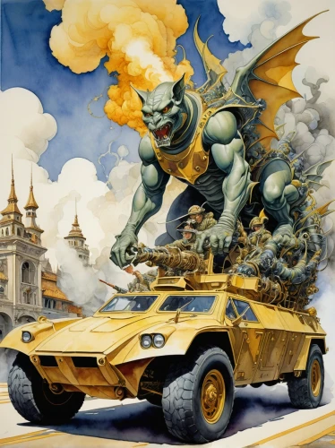 petrol-bowser,heroic fantasy,combat vehicle,kryptarum-the bumble bee,armored animal,vulcania,armored vehicle,uaz patriot,warthog,war monkey,fuel-bowser,primeval times,skylanders,golden dragon,crossover suv,gargoyles,fantasy art,skull racing,dodge ram rumble bee,hood ornament,Illustration,Realistic Fantasy,Realistic Fantasy 04