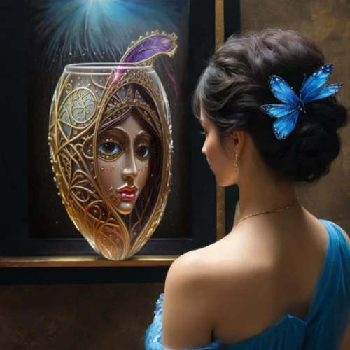 magic mirror,mystical portrait of a girl,makeup mirror,doll looking in mirror,the mirror,art painting,glass painting,boho art,oil painting on canvas,henna frame,indian art,fantasy portrait,fantasy art,mirror of souls,decorative figure,bodypainting,romantic portrait,body painting,oil painting,meticulous painting