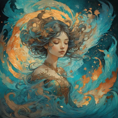 fantasy portrait,mystical portrait of a girl,baroque angel,fire angel,flame spirit,fantasy art,aquarius,fire artist,siren,fantasia,fire dancer,water nymph,angel,boho art,fae,the wind from the sea,flora,sirens,blue enchantress,aura,Illustration,Realistic Fantasy,Realistic Fantasy 02