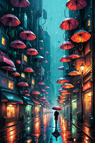 umbrellas,japanese umbrellas,asian umbrella,umbrella,man with umbrella,walking in the rain,japanese umbrella,hanoi,huge umbrellas,rainy,world digital painting,shanghai,hong kong,rain,raindops,kowloon,parasols,rain bar,overhead umbrella,colorful city,Illustration,Realistic Fantasy,Realistic Fantasy 25