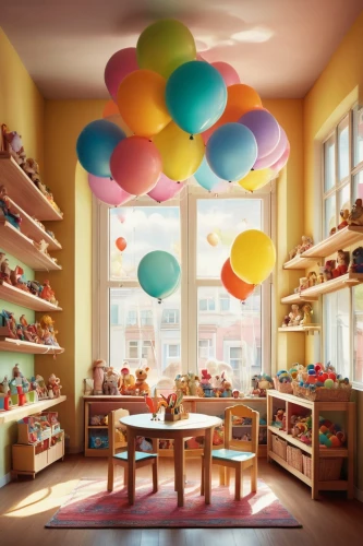 kids room,children's room,nursery decoration,children's interior,the little girl's room,colorful balloons,children's bedroom,baby room,nursery,corner balloons,rainbow color balloons,boy's room picture,doll kitchen,children's background,playing room,kids' things,kitchen shop,wooden toys,toy store,danish room,Illustration,Realistic Fantasy,Realistic Fantasy 35