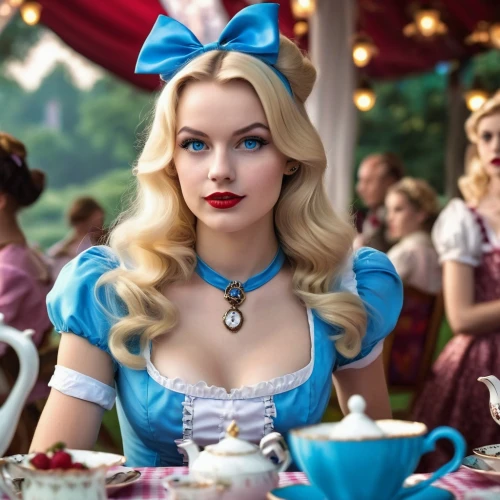 alice in wonderland,alice,cinderella,tea party,waitress,elsa,teacups,disney rose,wonderland,blue bonnet,porcelain doll,queen of puddings,tea,disney character,pin-up girls,retro pin up girls,pin up girls,pin ups,disney,blue butterfly,Photography,General,Realistic