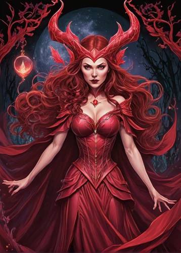 scarlet witch,devil,sorceress,blood moon,evil woman,vampire woman,the enchantress,vampire lady,blood moon eclipse,fantasy woman,red riding hood,lady in red,evil fairy,celebration of witches,the zodiac sign taurus,horoscope taurus,fantasy art,fire siren,shades of red,crimson,Illustration,Realistic Fantasy,Realistic Fantasy 02