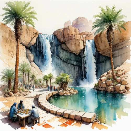 dubai fountain,al siq canyon,desert landscape,decorative fountains,desert desert landscape,timna park,arabic background,desert background,watercolor palm trees,waterfall,fountains,oasis,waterfalls,fountain pond,dubai desert,watercolor background,water fall,hot spring,wadi,brown waterfall,Illustration,Paper based,Paper Based 13
