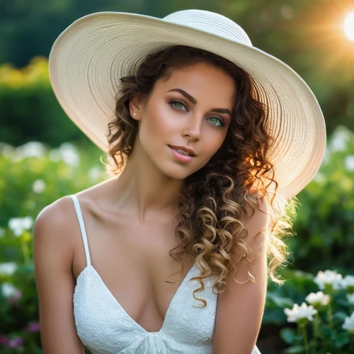 girl wearing hat,high sun hat,sun hat,summer hat,straw hat,romantic portrait,yellow sun hat,beautiful girl with flowers,ordinary sun hat,woman's hat,the hat-female,panama hat,portrait photography,brown hat,summer crown,women's hat,natural cosmetic,leather hat,flower hat,beautiful young woman