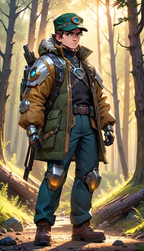 park ranger,scout,woodsman,combat medic,scouts,parka,adventurer,war veteran,patrol,ranger,biologist,soldier,infantry,monkey soldier,farmer in the woods,mountain guide,hiker,game illustration,troop,rifleman,Anime,Anime,Cartoon