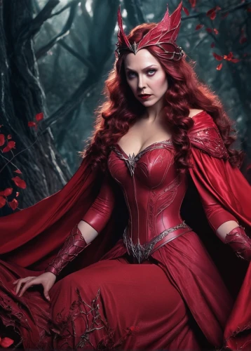 scarlet witch,red riding hood,little red riding hood,the enchantress,fantasy woman,queen of hearts,fairy tale character,sorceress,lady in red,red gown,faery,shades of red,red coat,fairy tales,vampire woman,evil fairy,fairy queen,red,red cape,fae,Illustration,Realistic Fantasy,Realistic Fantasy 02