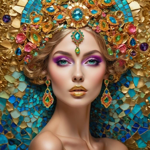 golden wreath,gold foil mermaid,gold foil art,golden mask,jeweled,golden crown,gold jewelry,fairy peacock,gold filigree,adornments,fantasy portrait,fantasy art,venetian mask,gold flower,gold mask,gold and purple,boho art,masquerade,drusy,gold leaf,Photography,General,Cinematic