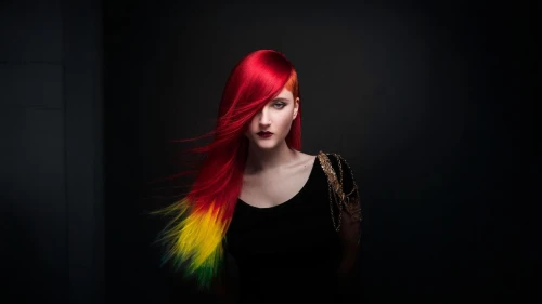 spectra,red-haired,rainbow background,feathered hair,clary,photo manipulation,color feathers,image manipulation,rainbow unicorn,photomanipulation,black background,light spectrum,flame spirit,photoshop manipulation,conceptual photography,against the current,prism,burning hair,rainbow waves,redhair