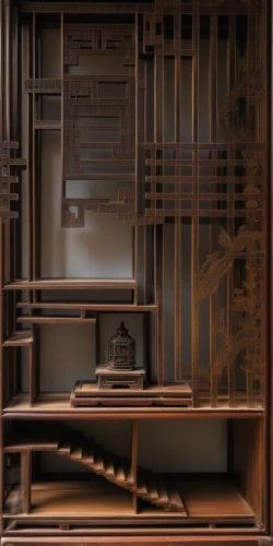 china cabinet,japanese-style room,cabinetry,dark cabinetry,room divider,japanese architecture,bookcase,chinese screen,armoire,dolls houses,woodwork,cabinet,model house,sideboard,chinese architecture,compartments,winding staircase,secretary desk,cupboard,bookshelves