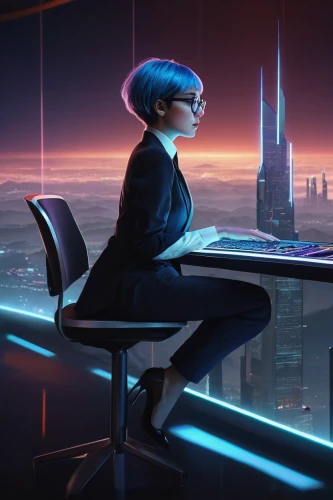 night administrator,blur office background,neon human resources,women in technology,girl at the computer,cg artwork,sci fiction illustration,cyberpunk,futuristic,administrator,desk,valerian,blue hour,new concept arms chair,modern office,computer desk,receptionist,lures and buy new desktop,dusk background,business women,Illustration,Abstract Fantasy,Abstract Fantasy 18