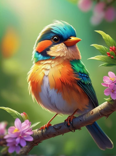 flower and bird illustration,bird painting,beautiful bird,spring bird,bird flower,colorful birds,nature bird,bird illustration,tropical bird,bird drawing,springtime background,spring background,exotic bird,blue birds and blossom,little bird,meadow bird,song bird,bird on branch,garden bird,tropical birds,Conceptual Art,Fantasy,Fantasy 15