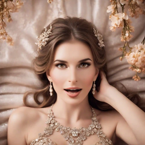 bridal jewelry,bridal accessory,jeweled,pearl necklace,fairy queen,jewellery,spring crown,jewelry,bridal,diadem,gold jewelry,enchanting,romantic look,jewelry florets,vintage woman,pearl necklaces,beautiful woman,jewels,flower garland,jasmine blossom,Photography,Cinematic