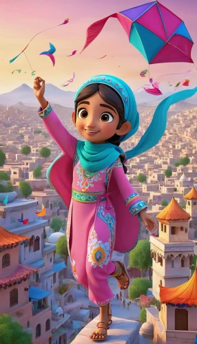monsoon banner,little girl with umbrella,diwali banner,morocco,rajasthan,miguel of coco,aladha,the festival of colors,little girl in wind,marrakech,bollywood,pink city,agnes,flying girl,radha,coco,cute cartoon character,rapunzel,aladdin,little girl with balloons,Unique,3D,3D Character