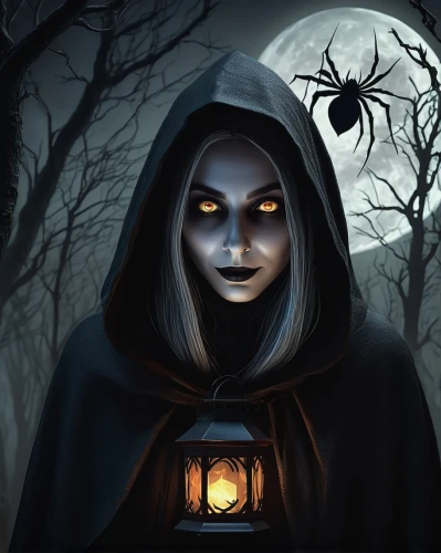 halloween illustration,the witch,vampire woman,widow spider,grimm reaper,halloween vector character,sorceress,dark art,gothic woman,scary woman,halloween and horror,halloween background,halloween poster,vampire lady,gothic portrait,evil woman,halloween witch,halloween wallpaper,witch house,lantern,Illustration,Realistic Fantasy,Realistic Fantasy 41