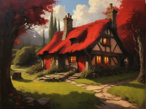 house in the forest,witch's house,cottage,little house,lonely house,home landscape,summer cottage,red roof,small house,ancient house,country cottage,old home,house silhouette,house painting,wooden houses,cottages,knight village,traditional house,house in mountains,witch house,Conceptual Art,Oil color,Oil Color 11