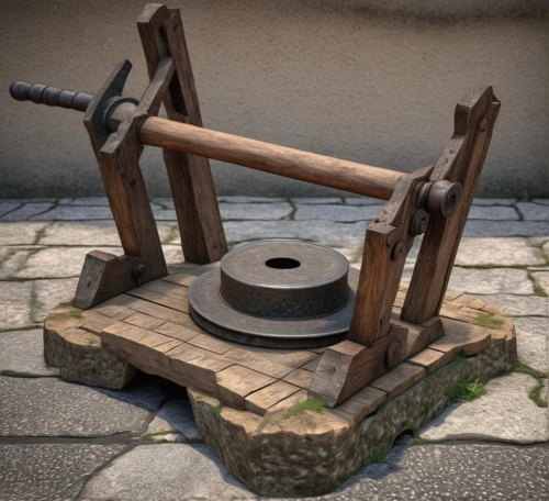 cannon oven,mortar,wooden cable reel,3d model,straw press,wind powered water pump,pallet jack,potter's wheel,wooden cart,water pump,3d object,wooden mockup,weightlifting machine,wooden wheel,telescope,cannon,wooden toy,guillotine,stonemason's hammer,stool,Photography,General,Realistic