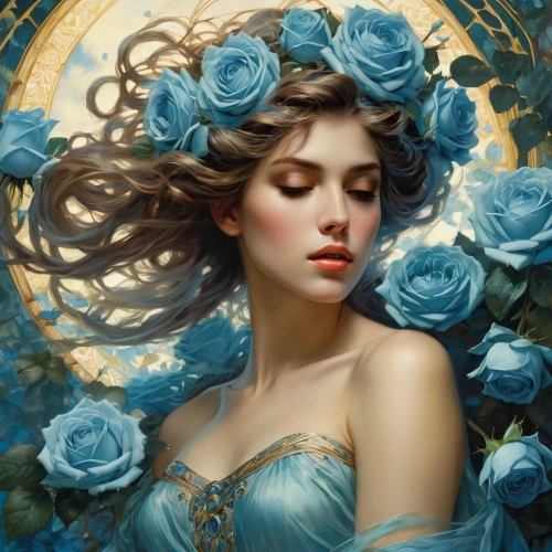 blue rose,blue moon rose,the sleeping rose,scent of roses,sleeping rose,blue hydrangea,fantasy portrait,rose wreath,jasmine blue,porcelain rose,with roses,moonflower,rosa 'the fairy,white rose snow queen,faery,blue petals,blue enchantress,fantasy art,romantic portrait,noble roses,Conceptual Art,Fantasy,Fantasy 05