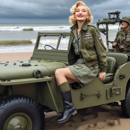 fiat 1100,willys jeep truck,willys jeep,military jeep,willys,edsel ranger,willys-overland jeepster,uaz patriot,world war ii,dodge m37,normandy,wwii,volvo pv444/544,1940 women,ww2,marylin monroe,fiat 1200,pinup girl,jeep cj,pin-up girls,Illustration,Retro,Retro 04