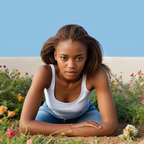 ethiopian girl,girl in flowers,beautiful girl with flowers,female model,girl lying on the grass,jasmine bush,relaxed young girl,young woman,beautiful young woman,flowerbed,girl in t-shirt,tiana,girl in the garden,african woman,pretty young woman,african american woman,beautiful african american women,flower bed,young beauty,girl sitting,Female,West Africans,Disheveled hair,Youth & Middle-aged,M,Surprised,Denim,Outdoor,Garden