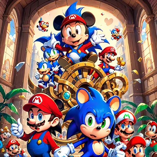 game illustration,super mario brothers,sonic the hedgehog,sega,mario bros,mario,april fools day background,cg artwork,game characters,red blue wallpaper,scroll wallpaper,png image,jigsaw puzzle,hedgehogs,amusement park,super mario,amusement ride,game art,cartoon video game background,a3 poster,Anime,Anime,Traditional