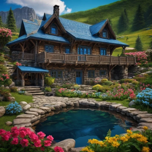 alpine village,house in mountains,house in the mountains,summer cottage,home landscape,beautiful home,house with lake,cottage,the cabin in the mountains,house by the water,little house,house in the forest,mountain settlement,fisherman's house,fantasy landscape,mountain village,miniature house,fairy village,lonely house,country cottage,Photography,General,Fantasy