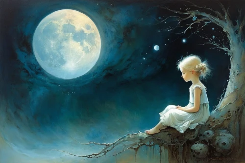 moonbeam,moonlit night,fantasy picture,blue moon,blue moon rose,moonlit,faerie,dreams catcher,moonlight,moonflower,girl with tree,hanging moon,moon shine,the moon and the stars,dream world,mystical portrait of a girl,the night of kupala,faery,herfstanemoon,fantasy art,Illustration,Realistic Fantasy,Realistic Fantasy 16