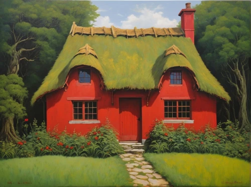 thatched cottage,little house,cottage,red roof,summer cottage,house painting,woman house,country cottage,cottages,home landscape,danish house,crooked house,house in the forest,small house,witch's house,traditional house,red barn,lincoln's cottage,miniature house,straw hut,Conceptual Art,Oil color,Oil Color 15