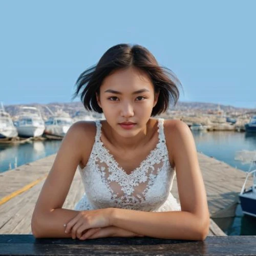 asian woman,asian girl,girl on the boat,beach background,mari makinami,on the pier,japanese woman,girl on the river,asian,asian vision,girl on a white background,vintage asian,by the sea,girl in white dress,sea water salt,girl portrait,meditating,girl sitting,ocean blue,oriental girl,Female,Central Asians,Bob Haircut,Teenager,M,Confidence,Lace Dress,Outdoor,Dock