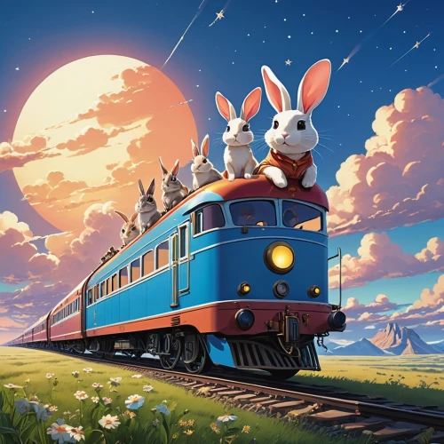 hare trail,rabbits,white rabbit,rabbits and hares,thumper,animal train,last train,gray hare,train ride,rabbit family,galaxy express,studio ghibli,bunnies,hares,easter rabbits,special train,the train,hare of patagonia,high-speed train,international trains
