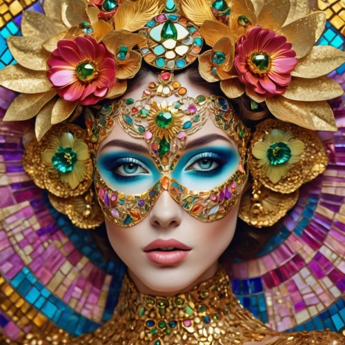 masquerade,venetian mask,fairy peacock,asian costume,brazil carnival,golden mask,peking opera,the carnival of venice,taiwanese opera,gold mask,golden wreath,cleopatra,peacock,oriental princess,sinulog dancer,fantasy portrait,geisha,headdress,peacock eye,embellished,Photography,General,Cinematic