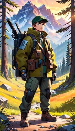 park ranger,mountain guide,scout,adventurer,soldier,game illustration,explorer,ranger,sniper,hiker,troop,combat medic,rifleman,ivan-tea,nikko,parka,grenadier,archer,monkey soldier,pubg mascot,Anime,Anime,Cartoon