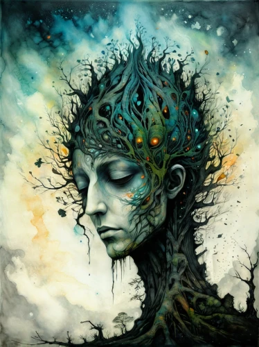 dryad,tree thoughtless,girl with tree,mother earth,tree crown,shamanic,rooted,shamanism,tree of life,the branches of the tree,shaman,forest man,psychedelic art,the enchantress,mother nature,consciousness,green tree,gaia,fantasy art,bodhi tree,Illustration,Abstract Fantasy,Abstract Fantasy 18