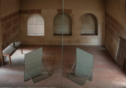 double-walled glass,pilgrimage chapel,crypt,transparent window,wayside chapel,vaulted cellar,baptistery,chamber,opaque panes,treatment room,empty interior,roman bath,glass window,chapel,caravansary,examination room,ibn tulun,tombs,parabolic mirror,rest room