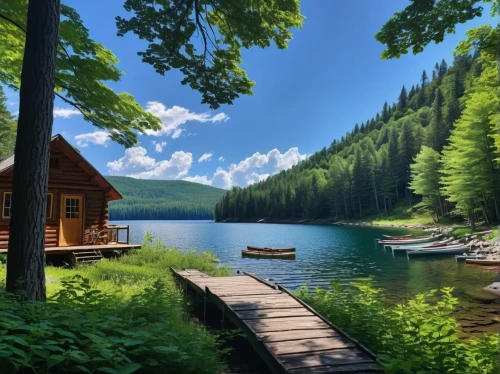 landscape background,house with lake,beautiful lake,idyllic,background view nature,the cabin in the mountains,summer cottage,world digital painting,heaven lake,mountain lake,alpine lake,nature landscape,home landscape,beautiful landscape,small cabin,lake view,mountainlake,high mountain lake,landscape nature,boat landscape,Illustration,Japanese style,Japanese Style 09
