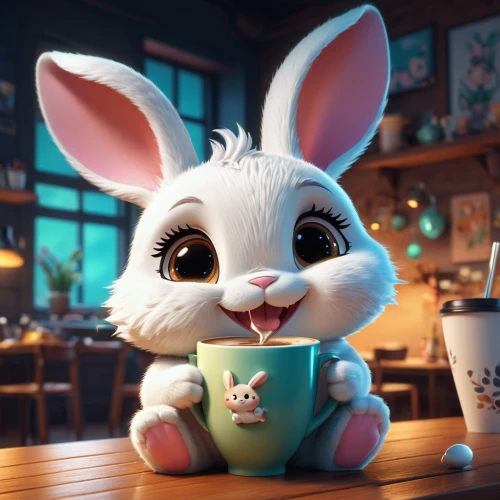 cute cartoon character,little bunny,cute cartoon image,bunny,cute coffee,cup of cocoa,little rabbit,macchiato,cappuccino,white bunny,drinking coffee,white rabbit,hot cocoa,teacup,no ear bunny,thumper,baby bunny,mocaccino,holding cup,coffee background,Unique,3D,3D Character