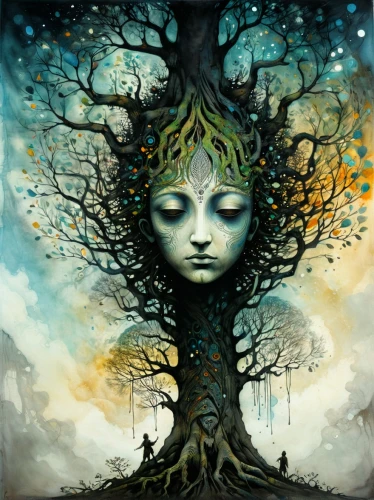 dryad,girl with tree,tree thoughtless,tree of life,the branches of the tree,rooted,tree crown,magic tree,creepy tree,mother earth,celtic tree,bodhi tree,tree man,green tree,forest tree,the roots of trees,tree grove,shamanic,shamanism,uprooted,Illustration,Abstract Fantasy,Abstract Fantasy 18