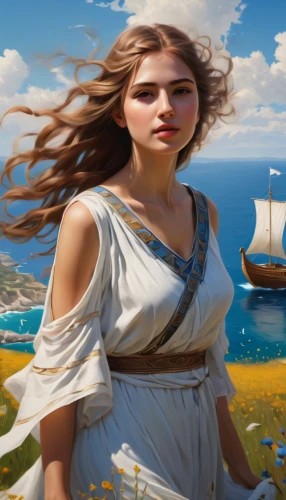 the wind from the sea,artemisia,fantasy picture,world digital painting,aegean,the sea maid,little girl in wind,lycaenid,thracian,elaeis,athenian,athene brama,mayweed,jessamine,girl on the boat,girl in a historic way,portrait background,fantasy art,rosa ' amber cover,fantasy portrait