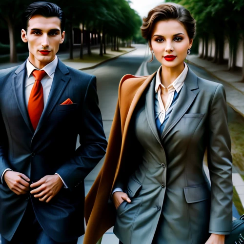 vintage man and woman,businesswomen,white-collar worker,business people,roaring twenties couple,businessmen,businesswoman,business women,woman in menswear,business woman,mobster couple,suits,men's suit,business icons,vintage boy and girl,overcoat,50's style,businessman,bussiness woman,stewardess