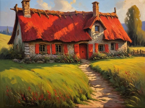 home landscape,country cottage,cottage,summer cottage,lonely house,little house,small house,farmhouse,house painting,farm house,traditional house,witch's house,cottages,country house,old house,house in mountains,farmstead,red barn,ancient house,old home,Conceptual Art,Oil color,Oil Color 22