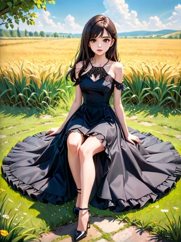 country dress,gothic dress,blooming field,girl in a long dress,black and dandelion,girl lying on the grass,girl in the garden,rosa ' amber cover,springtime background,a girl in a dress,farm background,dandelion field,field of flowers,in the tall grass,flower field,on the grass,spring background,girl sitting,girl in flowers,flowers field,Anime,Anime,General