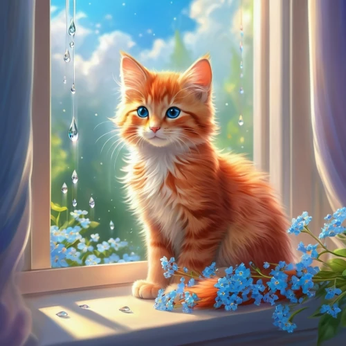 ginger kitten,red tabby,cat on a blue background,ginger cat,maincoon,norwegian forest cat,domestic long-haired cat,siberian cat,cute cat,british longhair cat,calico cat,marmalade,blossom kitten,cat,cat with blue eyes,firestar,cat vector,blue eyes cat,cat image,kitten,Illustration,Realistic Fantasy,Realistic Fantasy 01