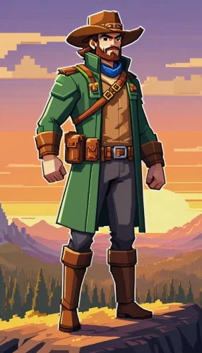 ranger,wild west,gunfighter,sheriff,game illustration,pilgrim,desert background,el capitan,conquistador,musketeer,western,adventurer,mountain guide,the wanderer,drover,park ranger,cowboy,nomad,altiplano,pixel art,Unique,Pixel,Pixel 01