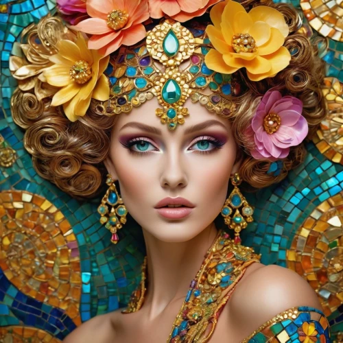 golden wreath,headdress,boho art,beautiful bonnet,oriental princess,girl in a wreath,headpiece,venetian mask,adornments,golden flowers,wreath of flowers,gold flower,fairy peacock,floral wreath,fantasy art,gold filigree,masquerade,indian headdress,flower gold,jeweled,Photography,General,Cinematic