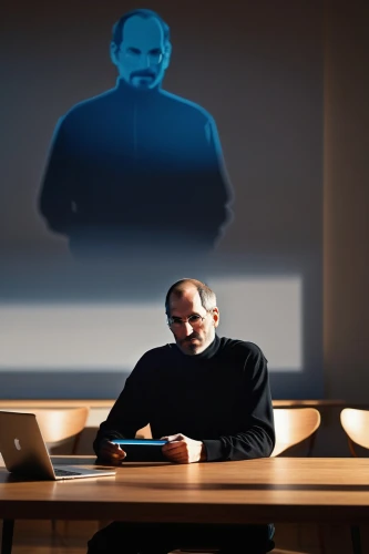 man with a computer,steve jobs,digital identity,videoconferencing,virtual identity,neon human resources,computer skype,jobs,video conference,dialogue windows,man silhouette,creative office,night administrator,blur office background,drupal,computer business,online meeting,advisors,digital compositing,community manager,Conceptual Art,Fantasy,Fantasy 17