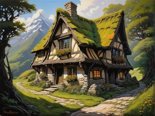 house in mountains,house in the mountains,house in the forest,witch's house,traditional house,little house,alpine village,cottage,mountain settlement,small house,home landscape,lonely house,ancient house,wooden house,country cottage,thatched cottage,mountain village,summer cottage,the cabin in the mountains,mountain hut,Conceptual Art,Fantasy,Fantasy 08