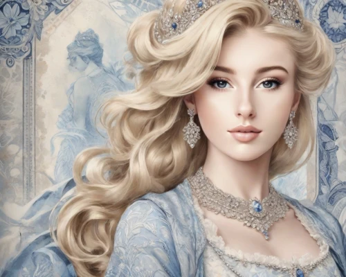 elsa,the snow queen,fantasy portrait,cinderella,princess' earring,victorian lady,rapunzel,white rose snow queen,royal lace,fairy tale character,romantic portrait,suit of the snow maiden,white lady,ice princess,porcelain doll,fairy queen,filigree,celtic queen,ice queen,blonde woman